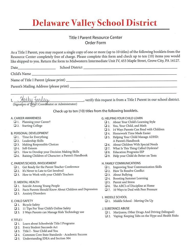 Parent Resource Center Order Form